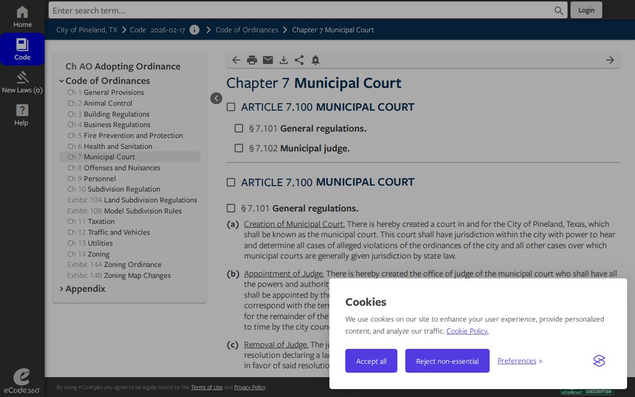 Sabine County warrant records: Pineland municipal-court code and warrant-officer provisions