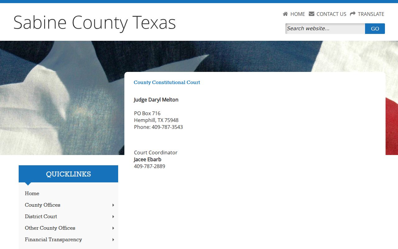 Sabine County warrant records: constitutional County Court contact and courthouse location