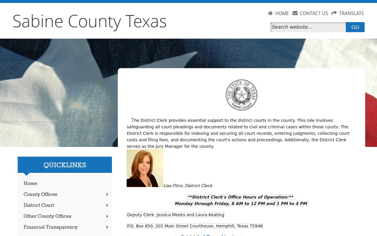 Sabine County warrant records: District Clerk office and court contact information