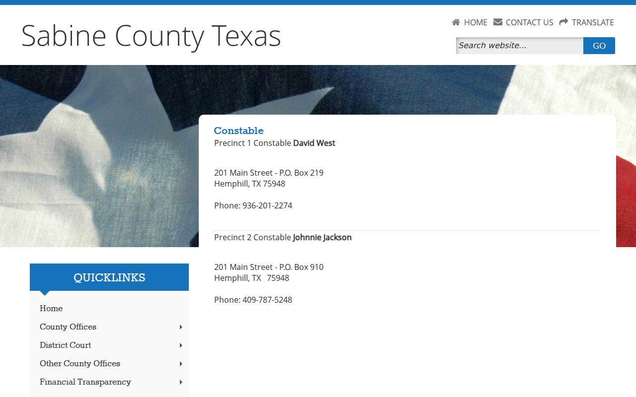 Sabine County warrant records: Constable Precinct 1 and 2 contacts