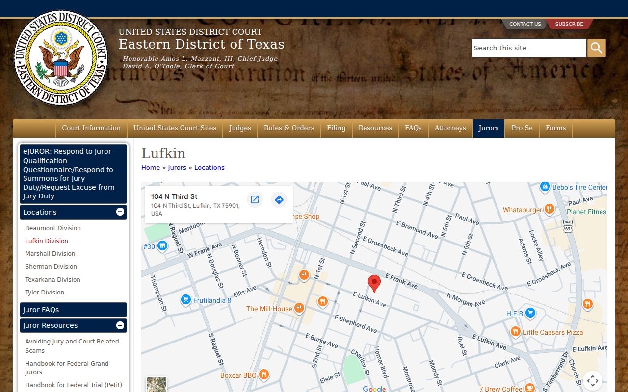 Sabine County warrant records research: Eastern District of Texas federal courthouse in Lufkin