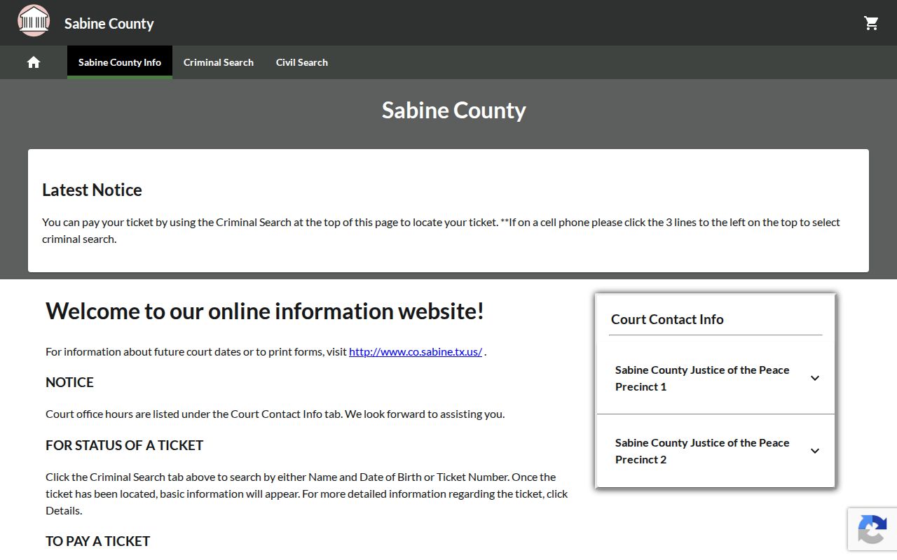 Sabine County warrant records: GovRec citation search landing page